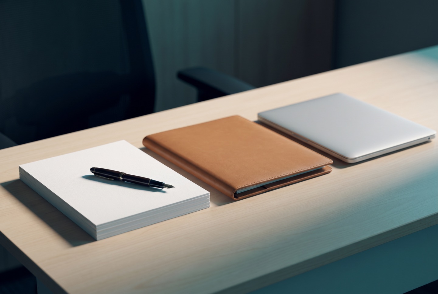 A stack of blank documents with a fountain pen, a leather portfolio and a closed laptop on a desk