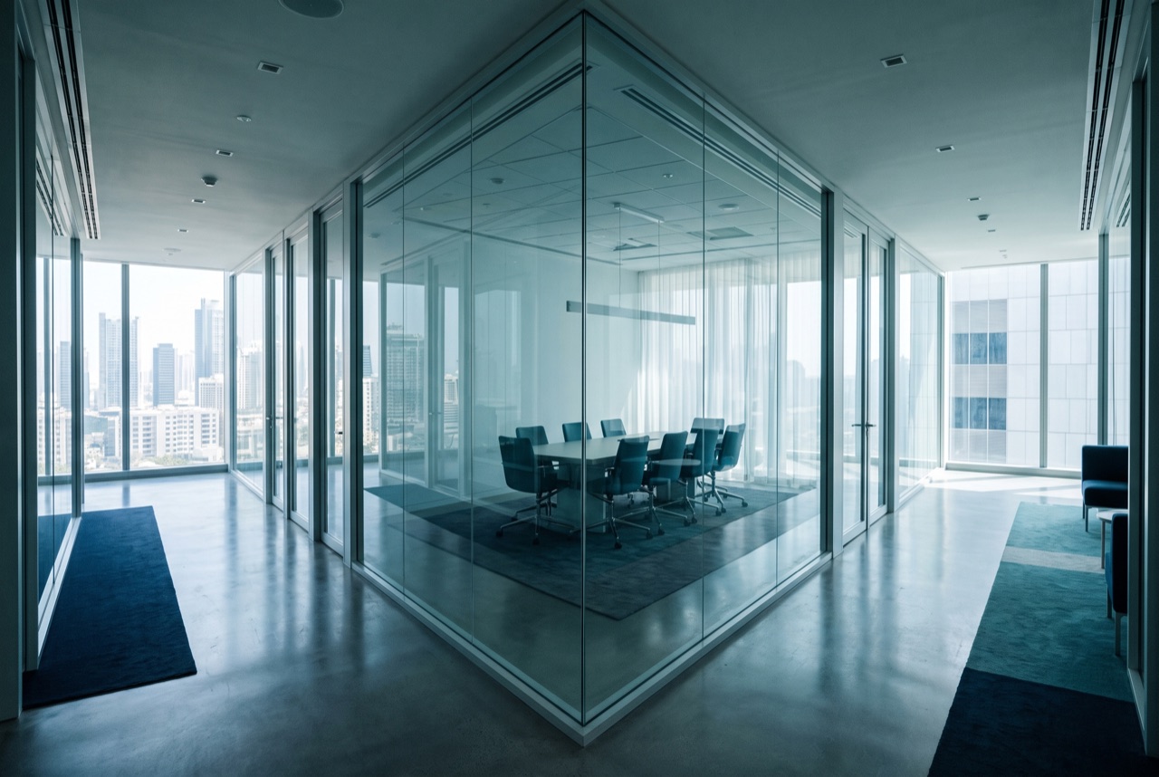 A modern glass office corridor splitting into two directions, symbolising a decision