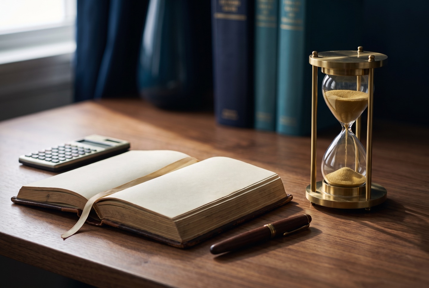 An open ledger, a brass hourglass with sand mid-flow, a calculator and a pen on a wooden desk