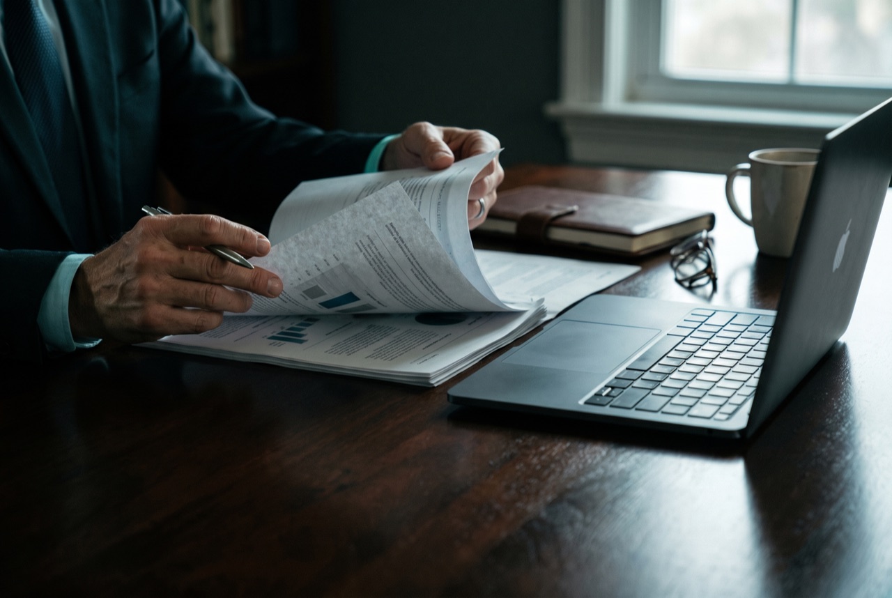 Close-up of hands reviewing printed documents beside a laptop on a dark desk