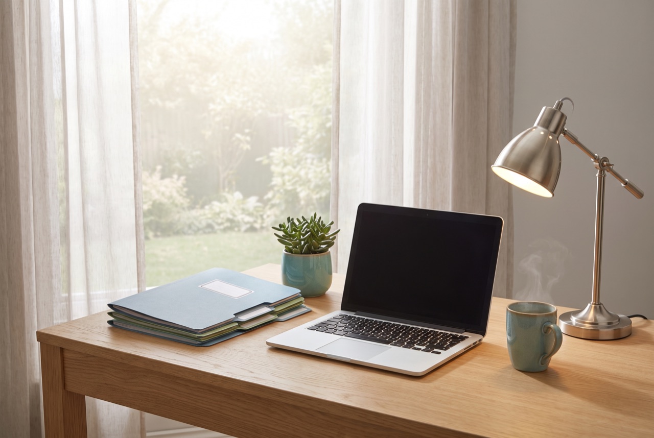 A calm, organised finance workspace with a laptop, folders and a desk lamp