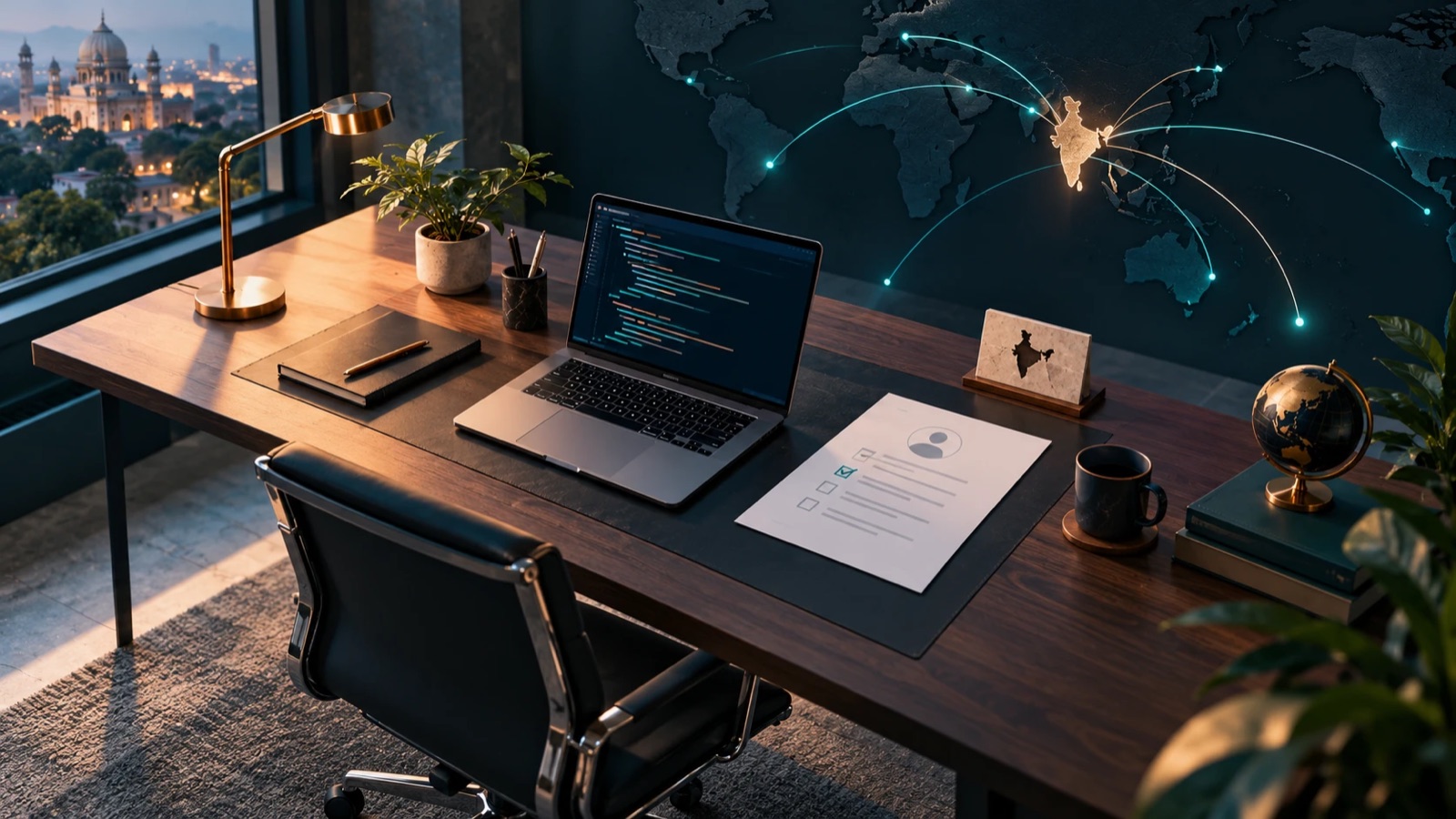 A laptop showing code, a printed hiring checklist and a desk globe on a wooden desk at dusk, with a glowing world map behind it showing connection lines radiating from India to other regions