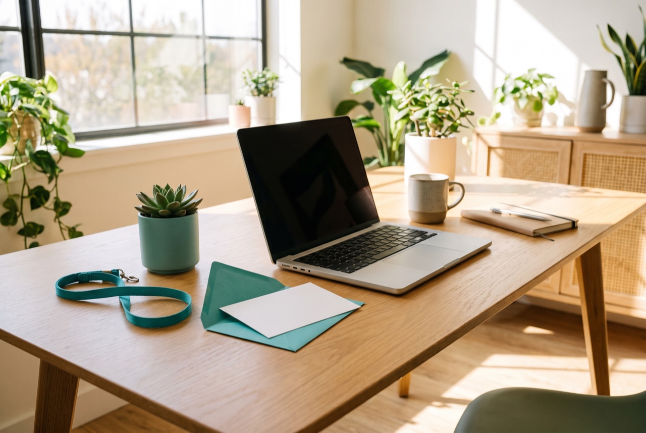 A welcoming onboarding desk with a fresh laptop, welcome card and a small plant