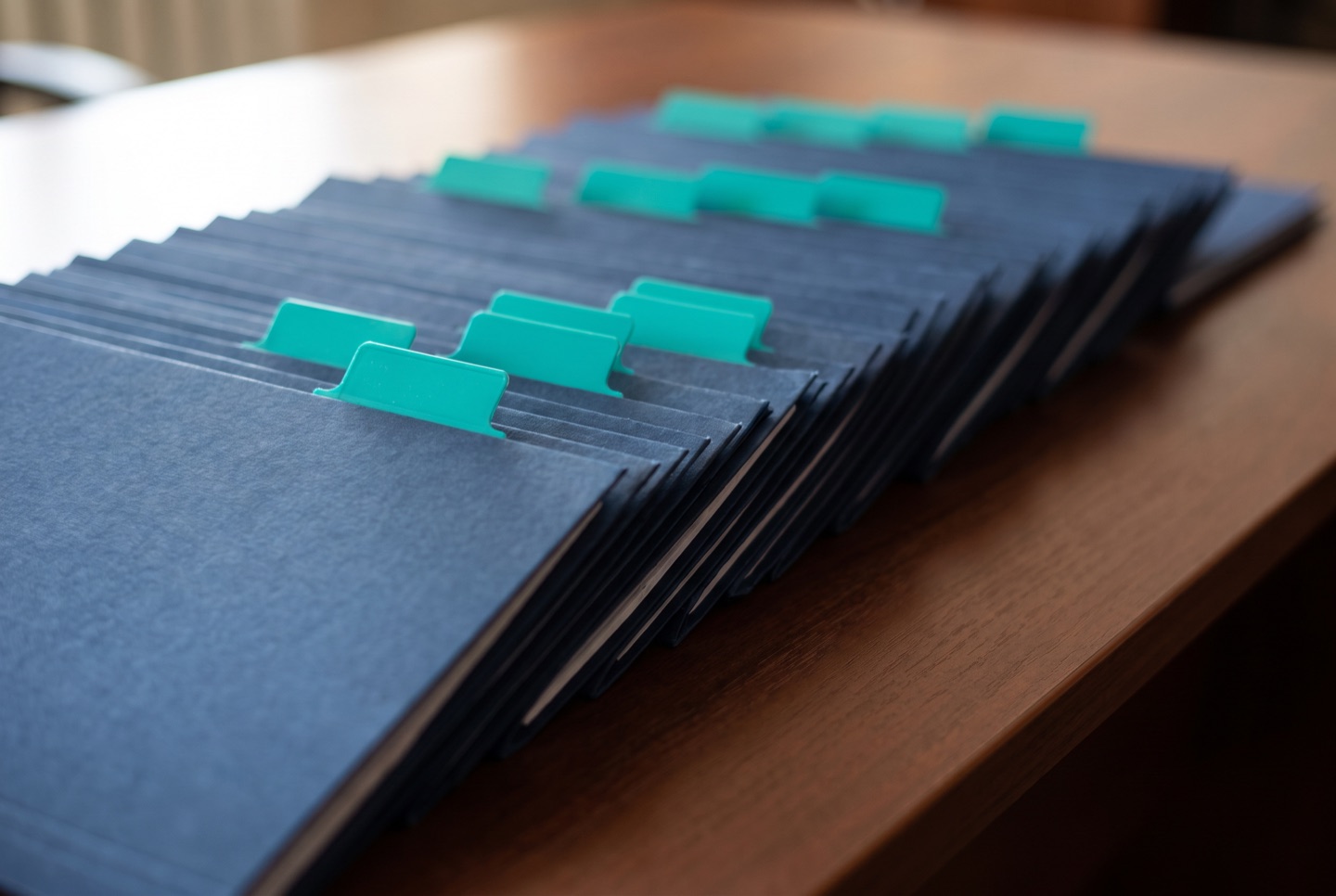 A row of navy document folders fanned across a desk, each with a teal index tab at a different height