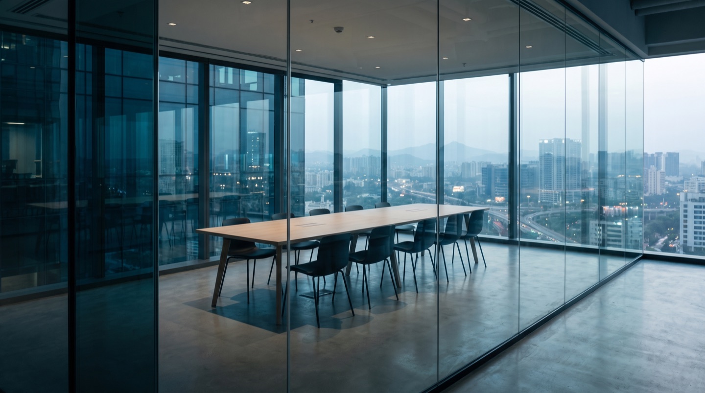 An empty glass-walled meeting room in a corporate tower overlooking a city