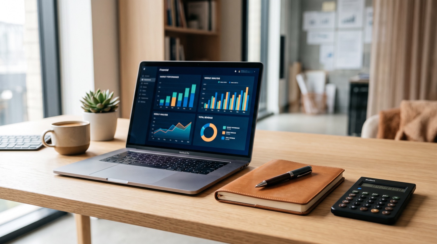 A finance workspace with a laptop showing charts, a notebook and a calculator